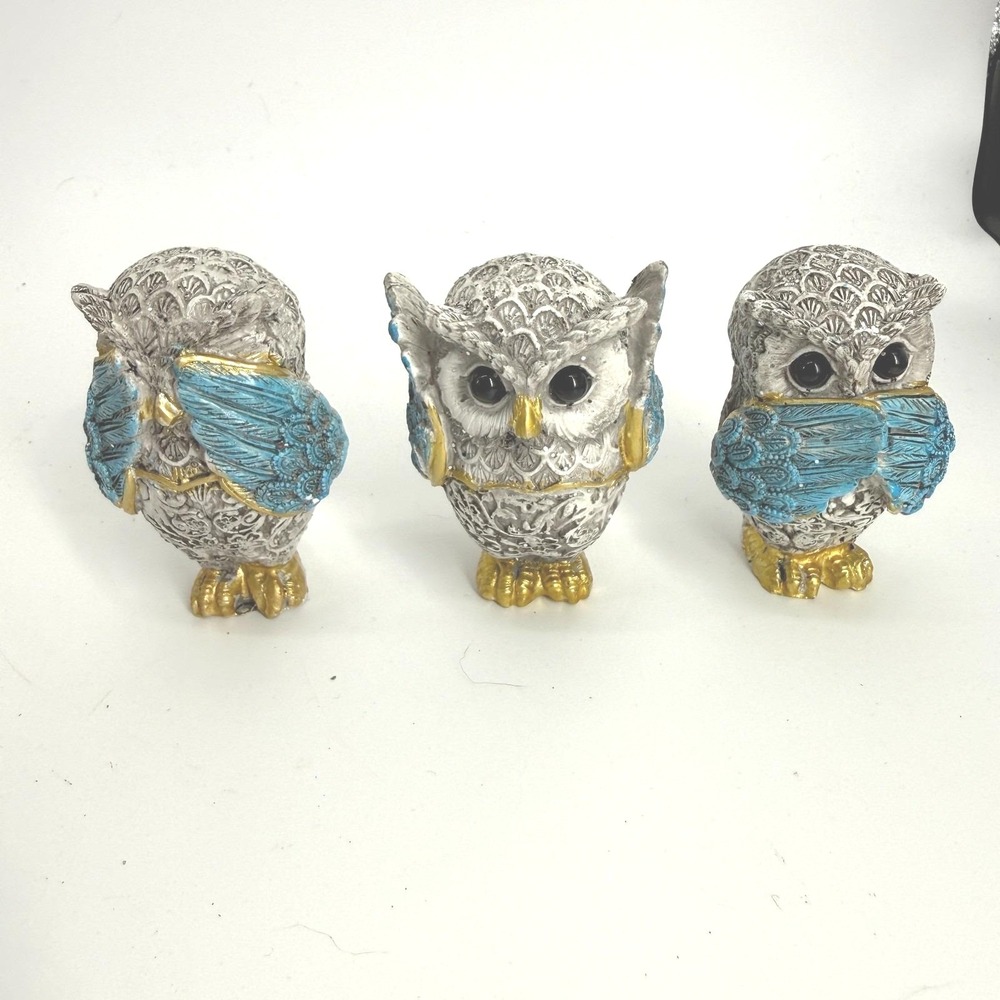 Unbranded Three Wise Owls Figurine Set Small‎ Blue Gold See Hear Speak No Evil